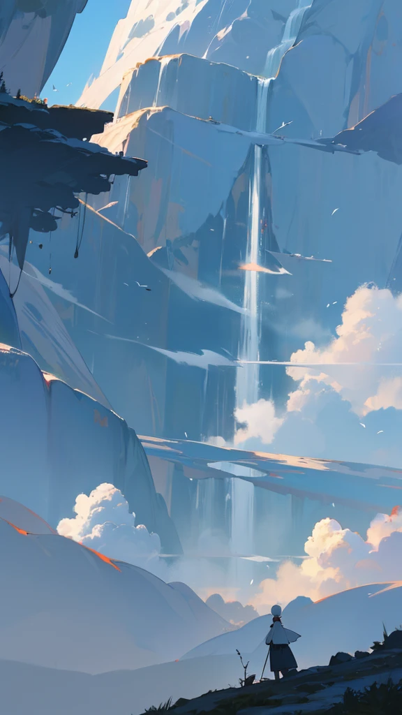 A mountain shrouded in fairy air,Crane,There is a waterfall,Anime style