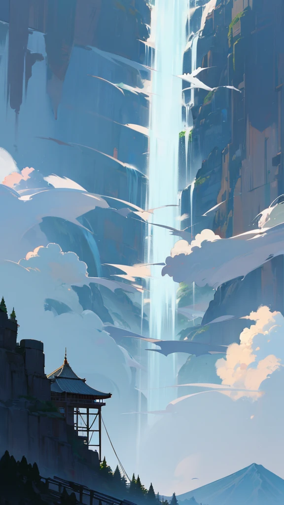 A mountain shrouded in fairy air，Crane，There is a waterfall，Anime style