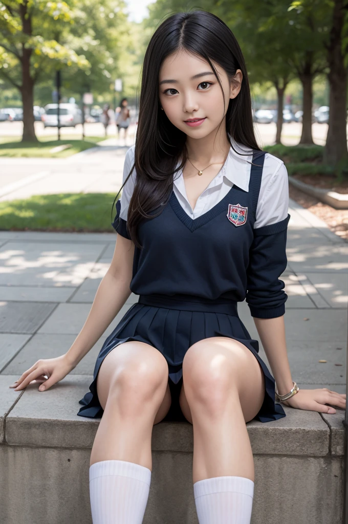 Pure Japanese school girl, sexual attractive, sweet temptation, outstanding body, beautiful legs, wearing uniform, high socks, loafers, panty, natural long hair, sweet smile, sitting, refreshing in early summer, park, professional portrait photography, composition from the front,