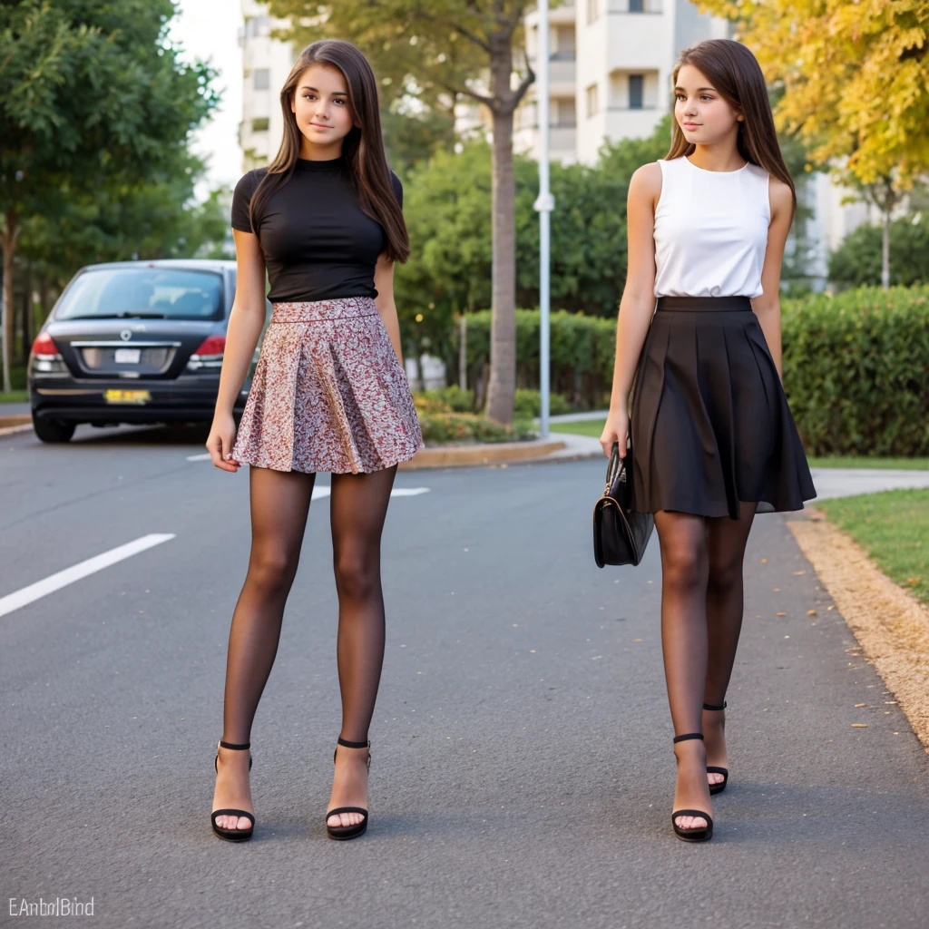 A beautiful in a top and skirt and high-heeled sandals and pantyhose