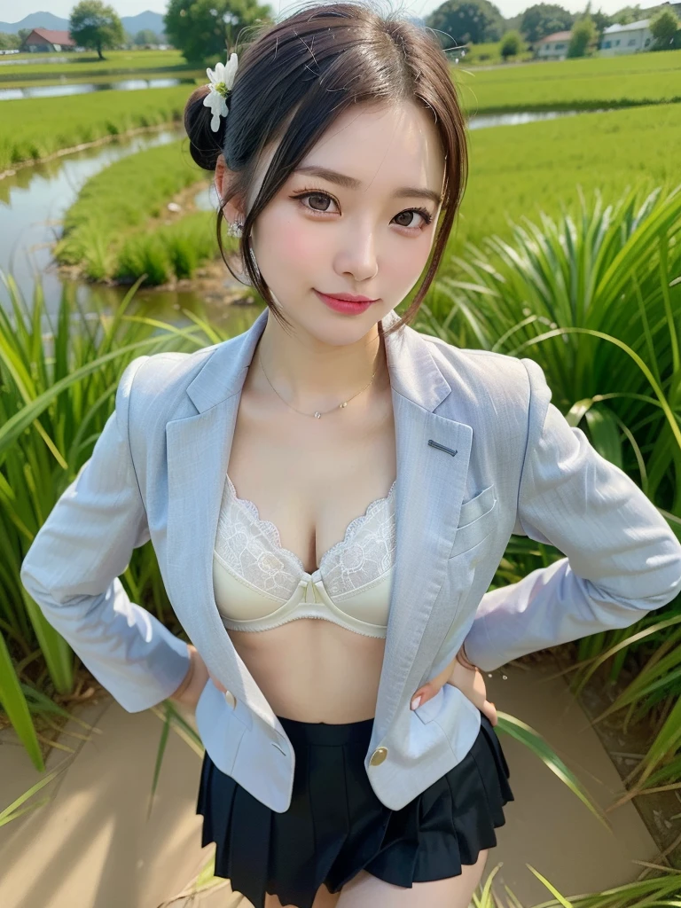 ((Best of the highest quality, 8k, Masterpiece, raw photo: 1.2)), (Sharp focus: 1.2), (1 AESPA, slim body type female, 21 y/o: 1.1), (solo: 1.28), (realistic, photo-realistic:1.37), face focus, cute face, finely eyes, (droopy eyes: 1.32), (Emphasize prominent aegyo-sal with bright: 1.2), shimmering eyeshadow applied under the lower lash line, paired with thick, (small breasts, flat chest, Thigh: 1.3), (short bob hair, updo: 1.28), (neat bra, business suit skirt: 1.32), walking in rice field, paddy field, flower, (from below: 1.12)