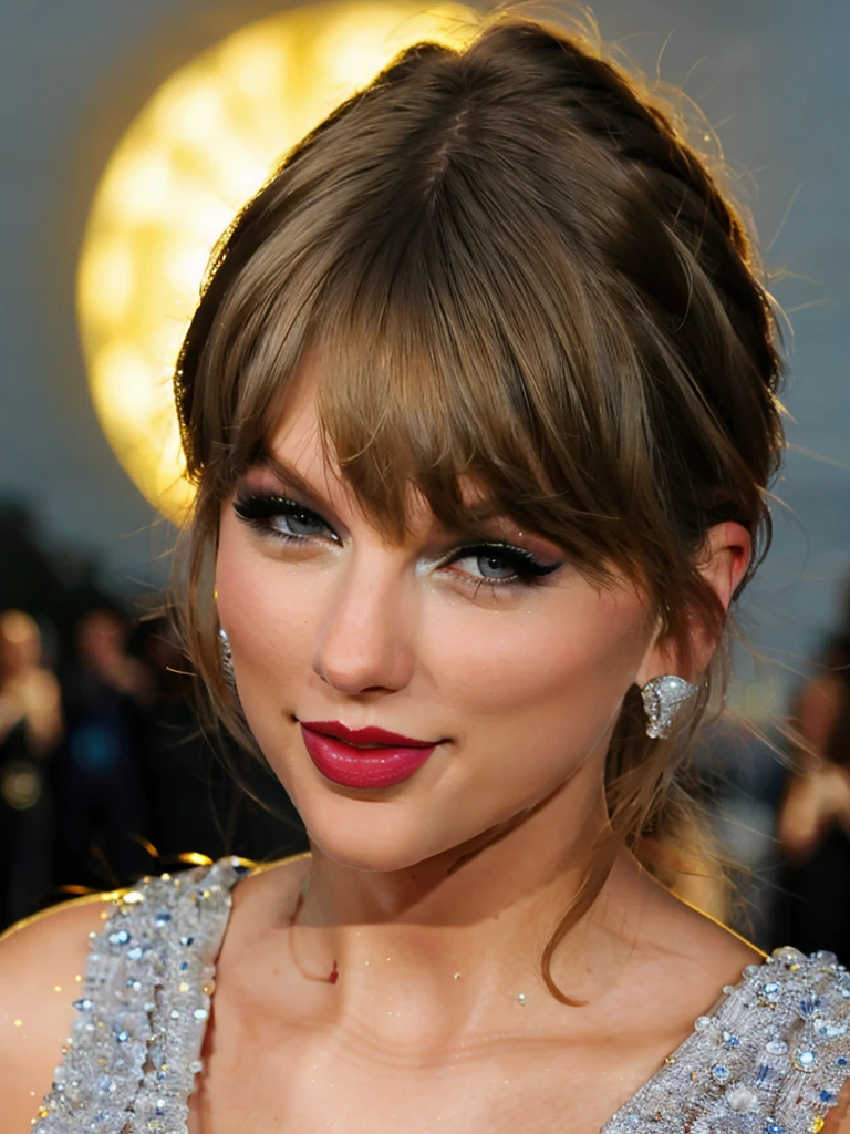 photorealistic portrait of 1 woman, xtaylor, swift, beautiful detailed eyes, beautiful detailed lips, extremely detailed face, long eyelashes, glamorous makeup, holding a microphone, from the waist up, on the scene, (best quality,4k,8k,highres,masterpiece:1.2),ultra-detailed,(realistic,photorealistic,photo-realistic:1.37),studio lighting,vivid colors,portrait