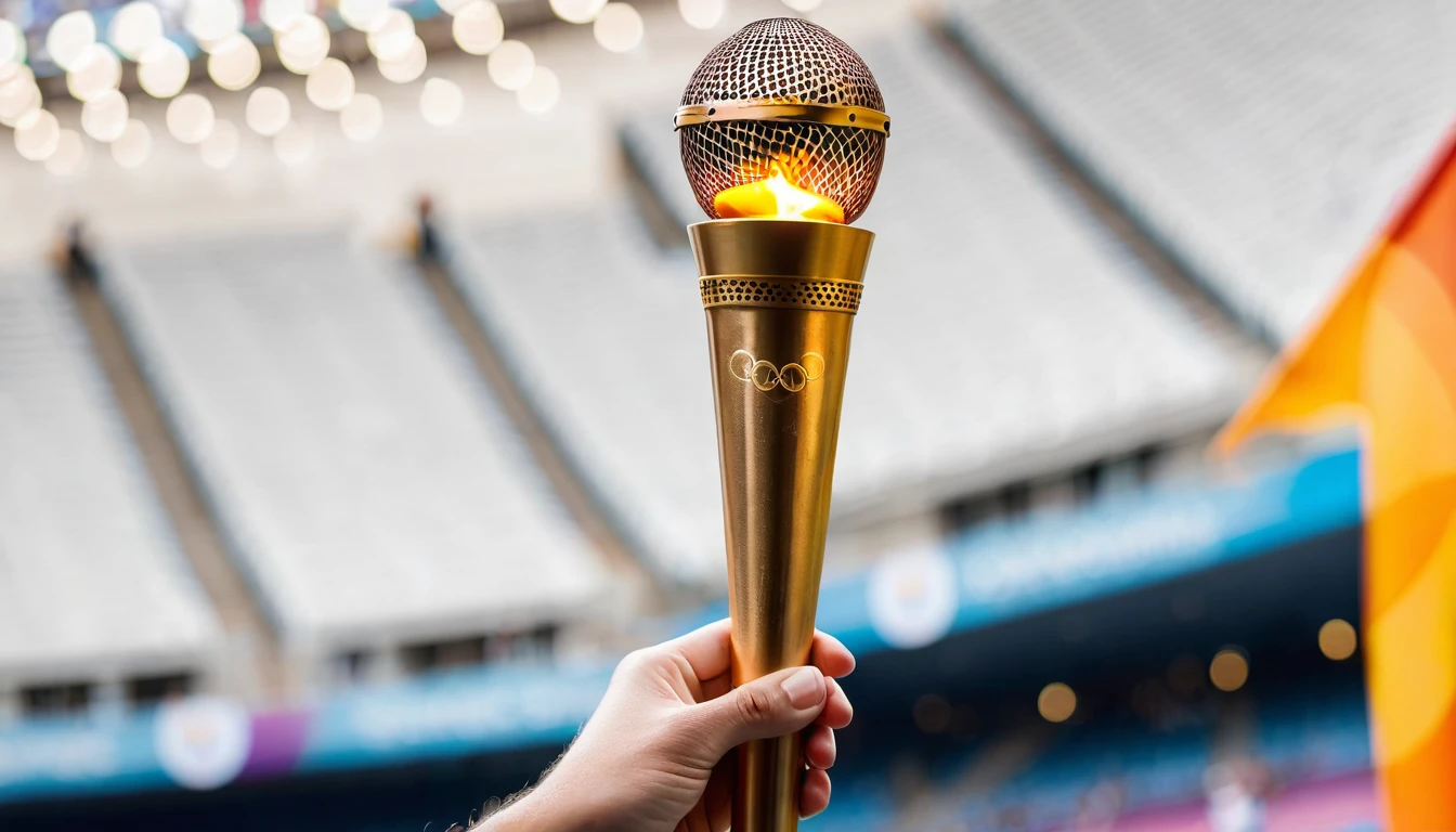 An athlete's hand is holding the 2024 Olympic torch, set against the bokeh of a match stadium