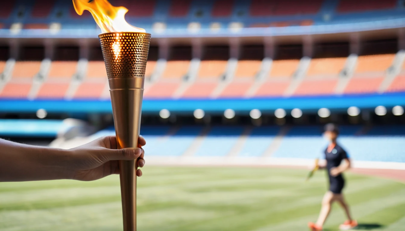 An athlete's hand is holding the 2024 Olympic torch, set against the bokeh of a match stadium