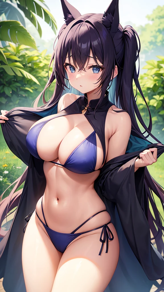 Anime Style。lovely。 but busty girl。The bust is very large and heavy, but the waist is very thin。 cute Thick thighs but long, slender legs。The buttocks are firm and not saggy.。 Her chest is so large that you can see the sides of her chest even when seen from behind.。 The chest area is wide open.、She was wearing a tiny bikini that didn't match her breasts and had deep cleavage.。 The underbust and waist are as thin as the neck。 Blonde twin tails Crouched down and looking up.The hair is braided Blonde twin tails