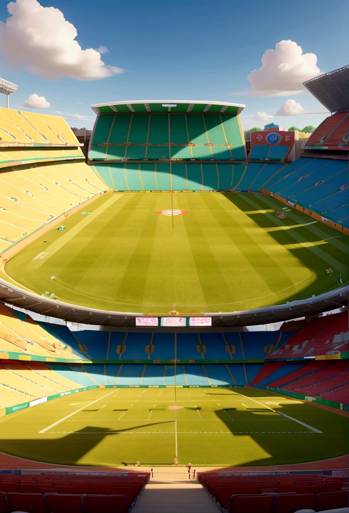 a football stadium, with people and the Brazilian flag, Disney cartoon style