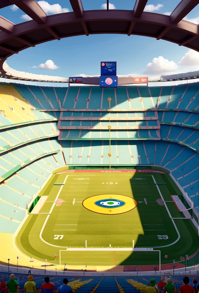 a football stadium, with people and the Brazilian flag, Disney cartoon style