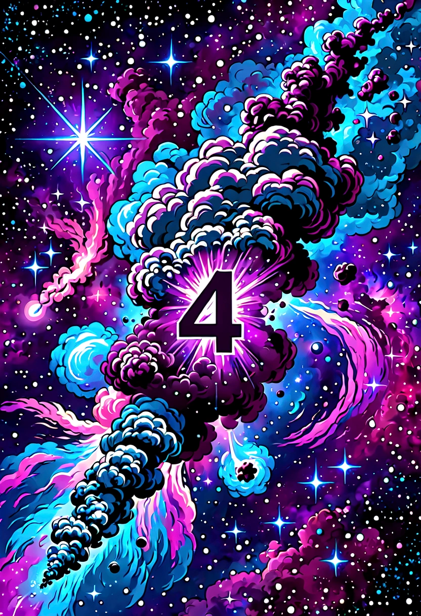 a blue number four art with a breathtaking galaxy of a nebula of purple, pink and blue, with countless stars, cosmic dust, and glowing gas clouds background comicbook style