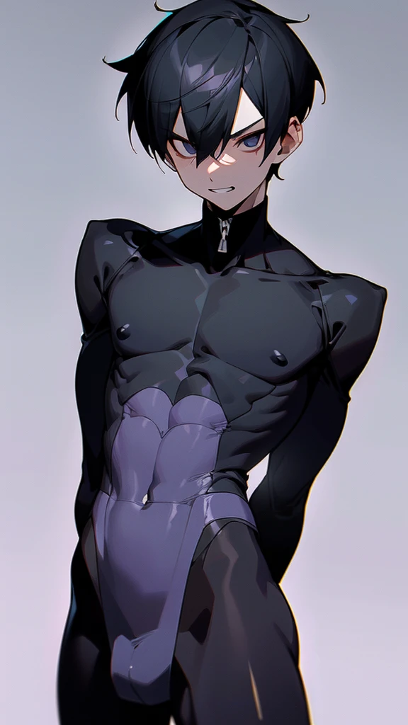 ,(((masterpiece))), ((((((best quality)))))),slim:1.3,(rubber:1.3),spandex:1.3,((pure black zentai:1.2)),(youthful physique:1.3), ((perfect body structure:1.4)),no muscle:1.3, protruding crotch, slender, balanced composition,((expressive lines:1.3)), minimalistic beauty,((Ebitendon:1.4)),(anime boy:1.3),wholesome,minimalistic,((anime style:1.4)), megaman,(tied to bed),white background:1.2,venom,((twink:1.4)),perfect face, ((finedetail)),(cinematic lighting),((8k_wallpaper)),(((highres))),,(short hair),((male:1.6)),(((male face:1.2))), The image depicts a young boy,
(((((male focus))))) ,1boy,boy,clear shape,((Asian boy)),(depth_of_field),((soft and clear lines)),grim, (evil grin:1.4),solo,(arms behind back:1.2),(black eye bags),solo,(black),horny, corruption,corrupted,villain, Dark, Sinister, Malevolent, Cruel, Ruthless, Vicious, Deceptive, Treacherous,Merciless, Sadistic, Malicious, Nefarious,Wicked, Insidious, Bags under eyes,((dark:1.2)),((male body:1.3)),(muscleless:1.2),jock,heavy breathing,caelus,dark hair,dark eyes,(blank eyes), manhwa uke, bettermalebody, 