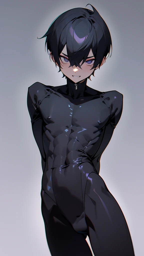 ,(((masterpiece))), ((((((best quality)))))),slim:1.3,(rubber:1.3),spandex:1.3,((pure black zentai:1.2)),(youthful physique:1.3), ((perfect body structure:1.4)),no muscle:1.3, protruding crotch, slender, balanced composition,((expressive lines:1.3)), minimalistic beauty,((Ebitendon:1.4)),(anime boy:1.3),wholesome,minimalistic,((anime style:1.4)), megaman,(tied to bed),white background:1.2,venom,((twink:1.4)),perfect face, ((finedetail)),(cinematic lighting),((8k_wallpaper)),(((highres))),,(short hair),((male:1.6)),(((male face:1.2))), The image depicts a young boy,
(((((male focus))))) ,1boy,boy,clear shape,((Asian boy)),(depth_of_field),((soft and clear lines)),grim, (evil grin:1.4),solo,(arms behind back:1.2),(black eye bags),solo,(black),horny, corruption,corrupted,villain, Dark, Sinister, Malevolent, Cruel, Ruthless, Vicious, Deceptive, Treacherous,Merciless, Sadistic, Malicious, Nefarious,Wicked, Insidious, Bags under eyes,((dark:1.2)),((male body:1.3)),(muscleless:1.2),jock,heavy breathing,caelus,dark hair,dark eyes,(blank eyes), manhwa uke, bettermalebody, 