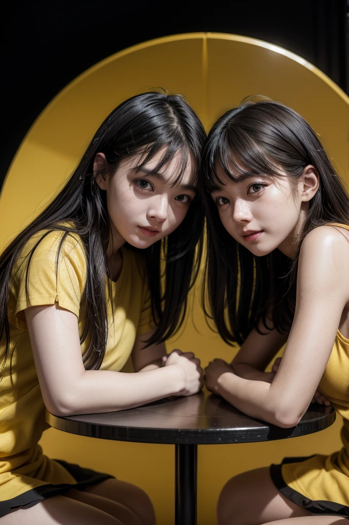 Make two students studying They are at a round table Brightly lit yellow and black background They are both happy ultra realistic, 8 k quality, fullHD