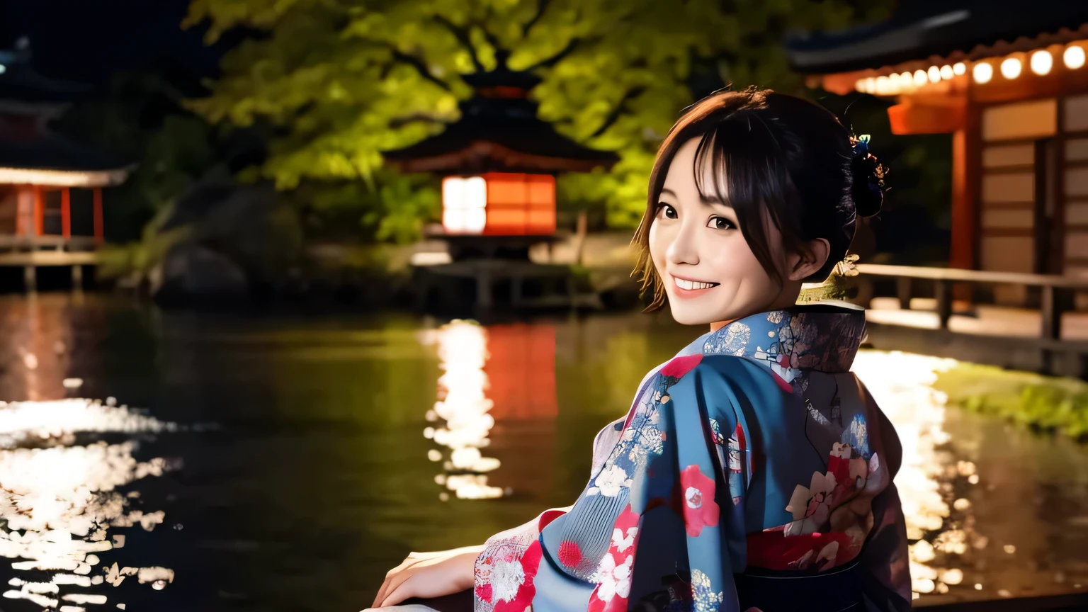 woman 30 years old kimono Japan evening Riverside Firefly Light Half Up whole body smile Looking back