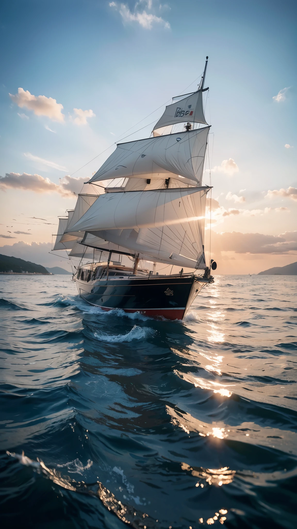 (Highest quality,masterpiece:1.3,Ultra-high resolution),(Super detailed,Caustics,8K), (Photorealistic:1.4, RAW shooting),Crystal clear sea,Sunset sky,White cloud,Yacht,Sunset,Natural light,Low position,Low - Angle