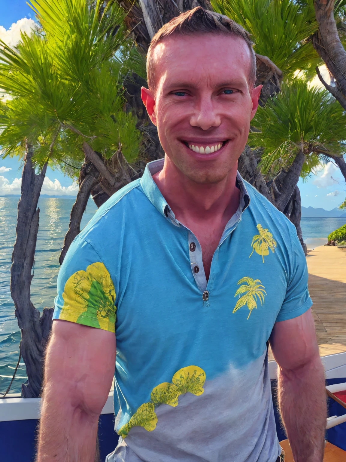 a handsome man, Todder8, Todder1 short hair, perfect facial features, RAW, UHD, 8K, looking at camera, on a yacht at sea, vacation photography, island paradise, colorful Hawaiian shirt, photorealistic, dynamic lighting, perfect day, [smiling]