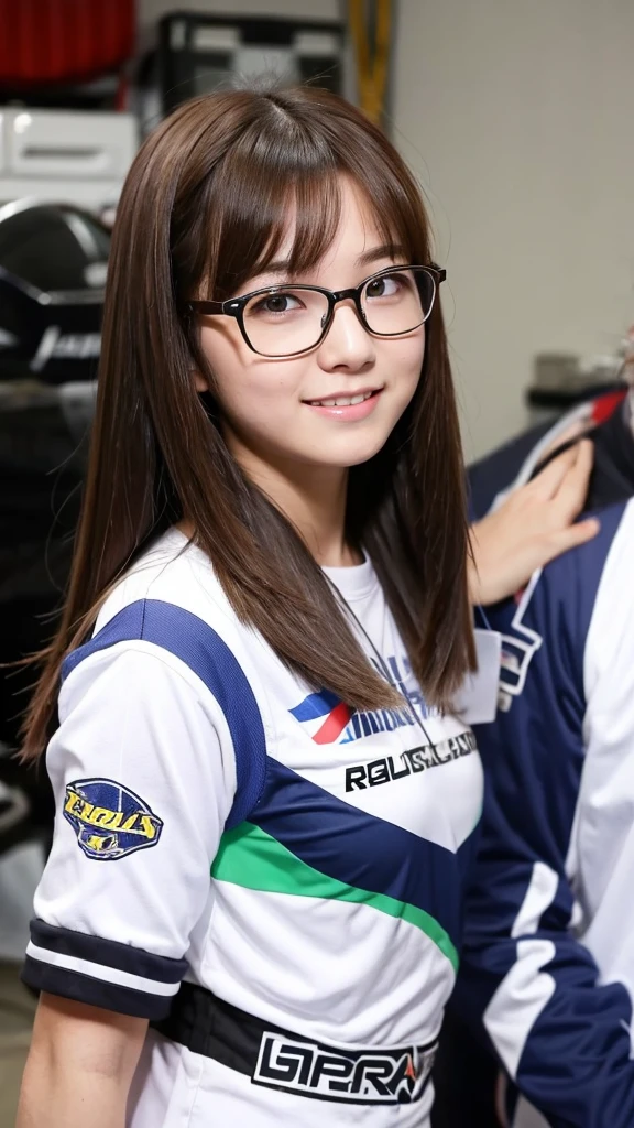 girl 18-year-old Hairstyle Casual,  with glasses wearing racing suit in pit room 