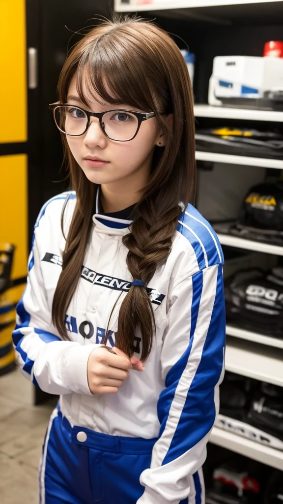 girl 18-year-old Hairstyle Casual,  with glasses wearing racing suit in pit room 