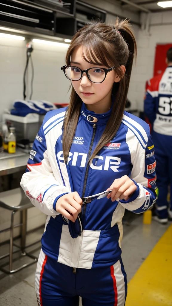 girl 18-year-old Hairstyle Casual, with glasses wearing racing suit in pit room