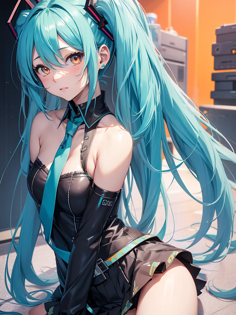 hatsune miku, very shame, very cute, orange eyes, blue hair