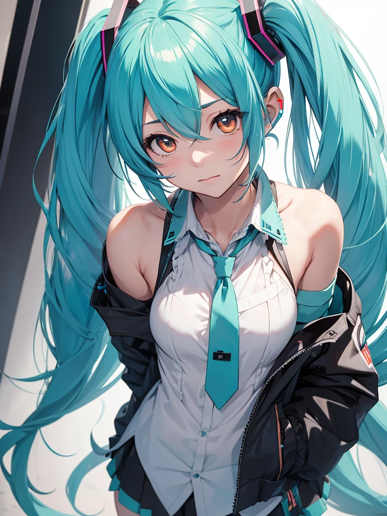 hatsune miku, very shame, very cute, orange eyes, blue hair