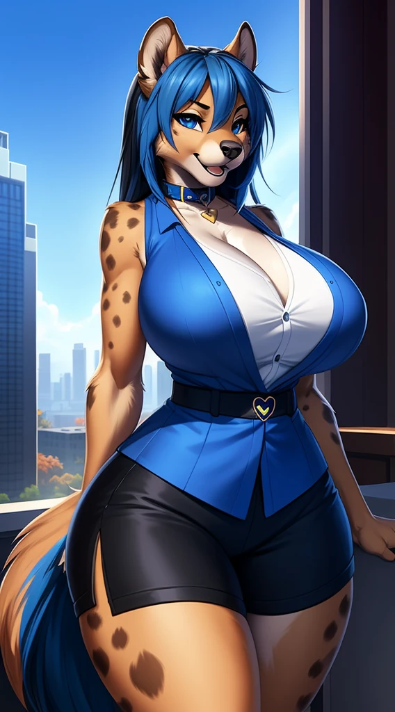 ((((sfw)))), uploaded the e621, beautiful and detailed,woman (((female))) ((anthro)) hyena, Ross Tran, by ruan jia, by zaush, by foxovh, lighting cinematic, seductor, hyena, thighighs, (giant chest), full body view, (anthro, fluffy fur, character focus:1.1), 1girl, anthro dog girl, body fur, solo, giant breasts, (thick thighs:0.3), curvy, focus on giant , big ass sexy ass sexy  invitation, (heart-shaped pupils), sexy, seductive, fall in love girl, nice, cute, naughty face, bedthrom, big aureola sahow , show , Black hair with blue highlights. night looking the raiin . mini_short inside butt highschool girl, semi-butonned uniform niform, with his shirt soaked from front show giant  (barely_visible_booba) big_, visibile saliva offering the breasts and sex partial clothes (She is standing) ((She is showing her sensuality) ( blue collar.) hottest hot 1st position for sexy blue eyes confortable naughy face anime-style cartoon-style squirrel ears with blue hair and wearing teacher clothes, digital drawing and colorful city in the background, sexual expression.) (tight mini shorts)   (blue_clothes)