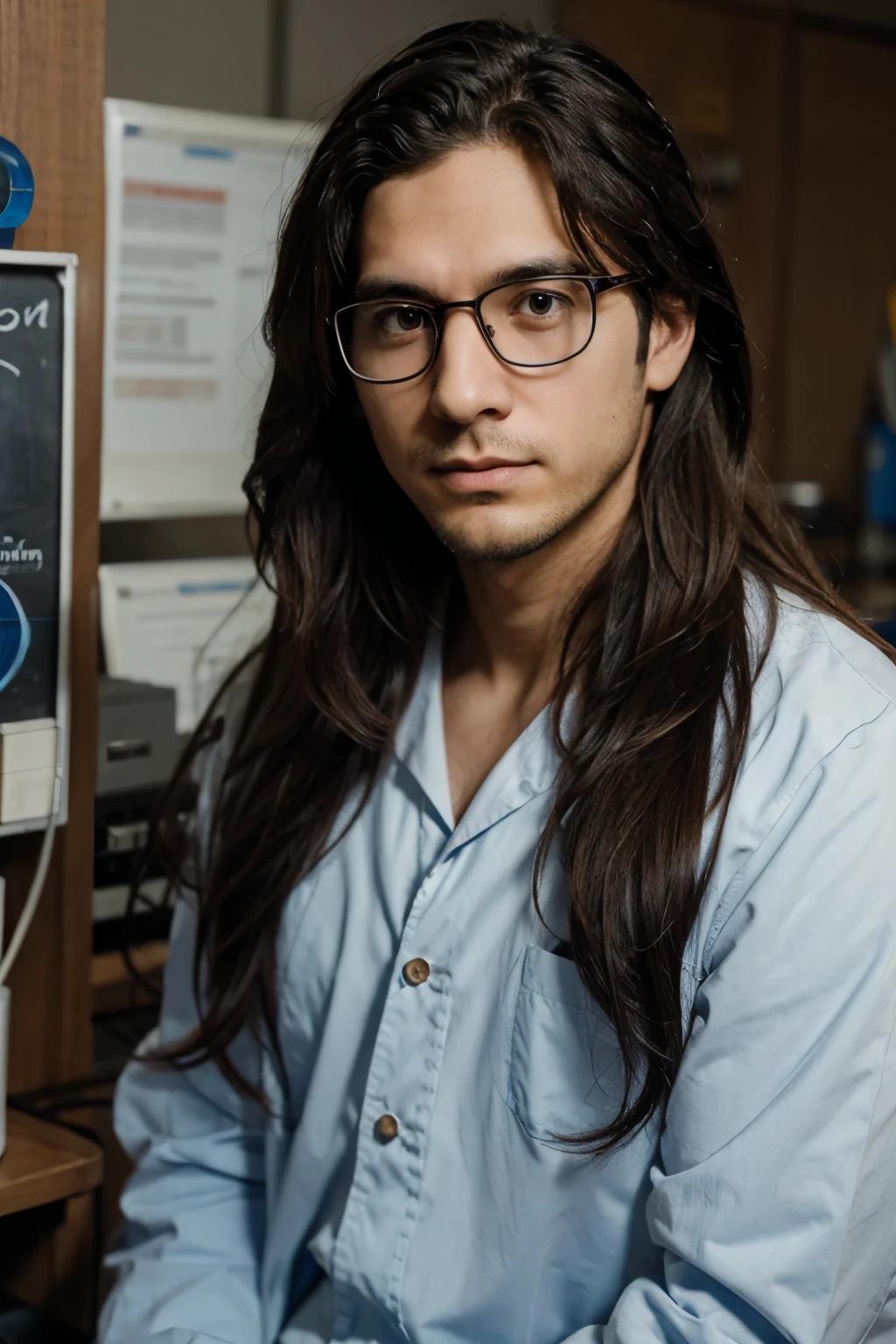 30 year old male scientist, anime, with glasses, stern expression, slightly long wavy hair