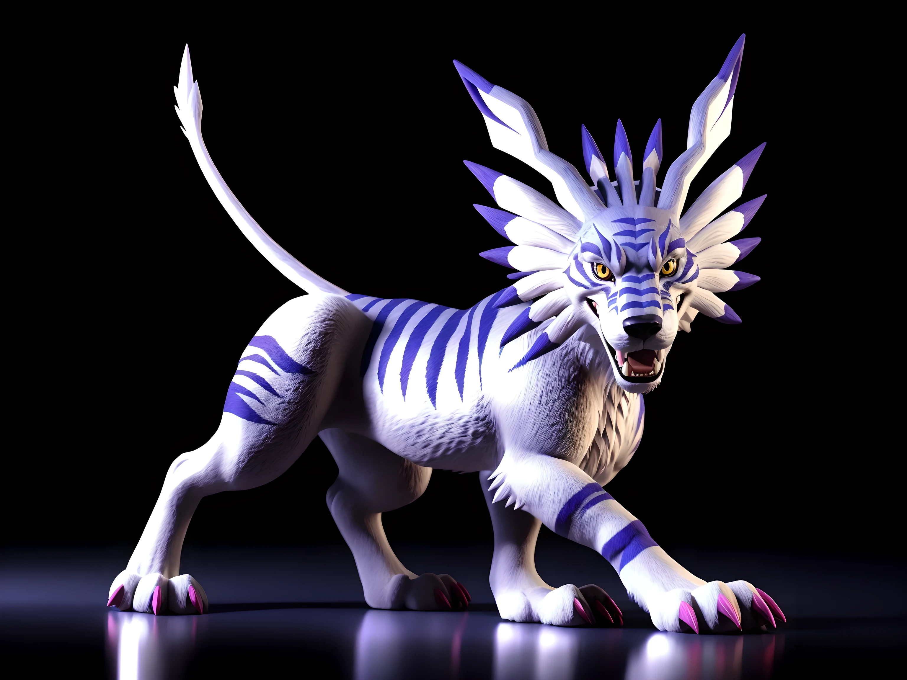 Garurumon, full body, feral:1.1, quadruped, standing, open mouth, fangs, high quality, yellow eyes, big eyes:1.1, detailed eyes, pink claws, big paws, black background, cel shaded, tail, smile, correct anatomy, correct proportions, 3D render, 3D, correct lighting, correct shadows, realistic lighting, reflective floor, realistic fur, fur body, wolf