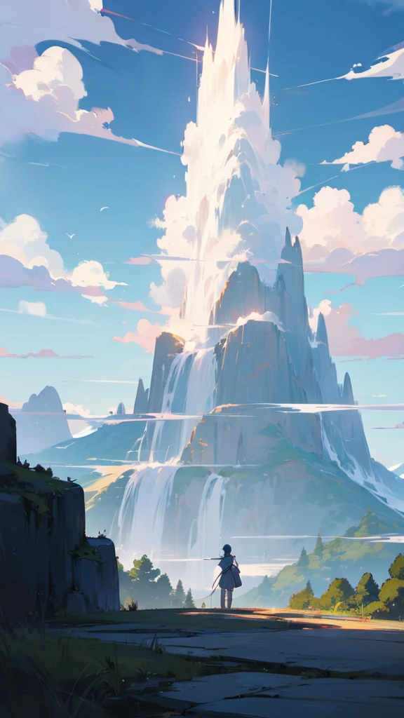 A mountain shrouded in fairy air，Crane，There is a waterfall，Anime style，The back of the swordsman