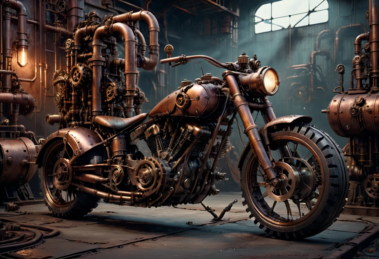 a steampunk motorcycle, rusted and weathered, in a grungy industrial setting, detailed metal textures, mechanical gears and pipes, moody dramatic lighting, dramatic camera angle, cinematic composition, dark color palette, sense of age and wear, dystopian atmosphere, (best quality,4k,8k,highres,masterpiece:1.2),ultra-detailed,(realistic,photorealistic,photo-realistic:1.37)