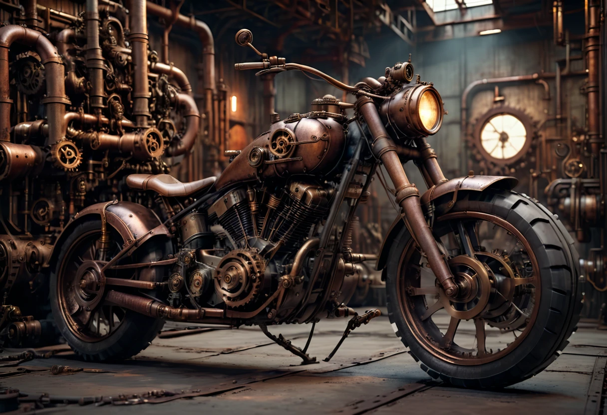a steampunk motorcycle, rusted and weathered, in a grungy industrial setting, detailed metal textures, mechanical gears and pipes, moody dramatic lighting, dramatic camera angle, cinematic composition, dark color palette, sense of age and wear, dystopian atmosphere, (best quality,4k,8k,highres,masterpiece:1.2),ultra-detailed,(realistic,photorealistic,photo-realistic:1.37)