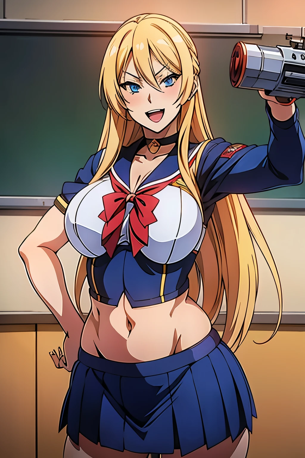  Reina Morimoto, morimoto_reina, (blue eyes, , blonde hair, blonde, lipstick, masterpiece, best quality, highly detailed, a anime girls in sailor uniforms with a gun posing for a picture,
evil smile, smile, open mouth,black_serafuku, ecchi anime style, anime girls ,
ecchi style, ecchi, shipgirls, digital anime art!!, high school girls, in anime style, official artwork, beautiful
anime high school girl, anime style 4 k, micro skirt, exposed belly, exposed navel, exposed midriff,
exposed lower belly,school, classroom, 