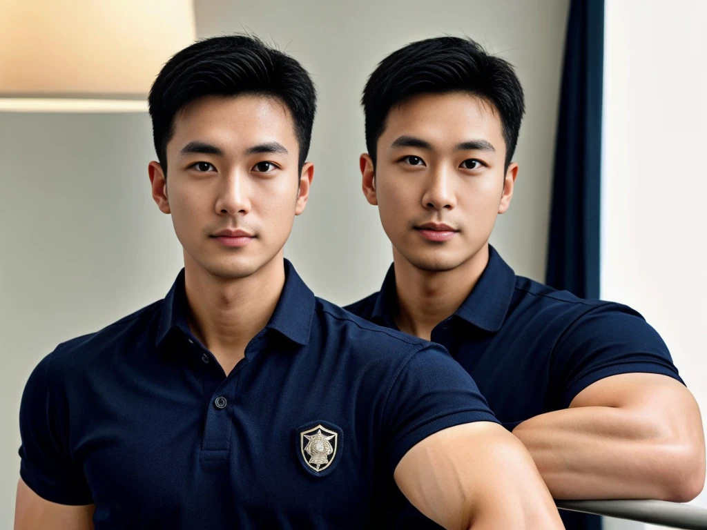 A male police officer in his 20s poses for a group photo., Wear a navy blue polo shirt., high resolution, Masterpiece, best quality, head:1.3,, Smooth and fine skin, clear focus, (movie light), during the night, gentle light, Dynamic angle, (detailed face:1.2), (((exercise))), sport, His arm muscles were very big., hand in crotch, in his office