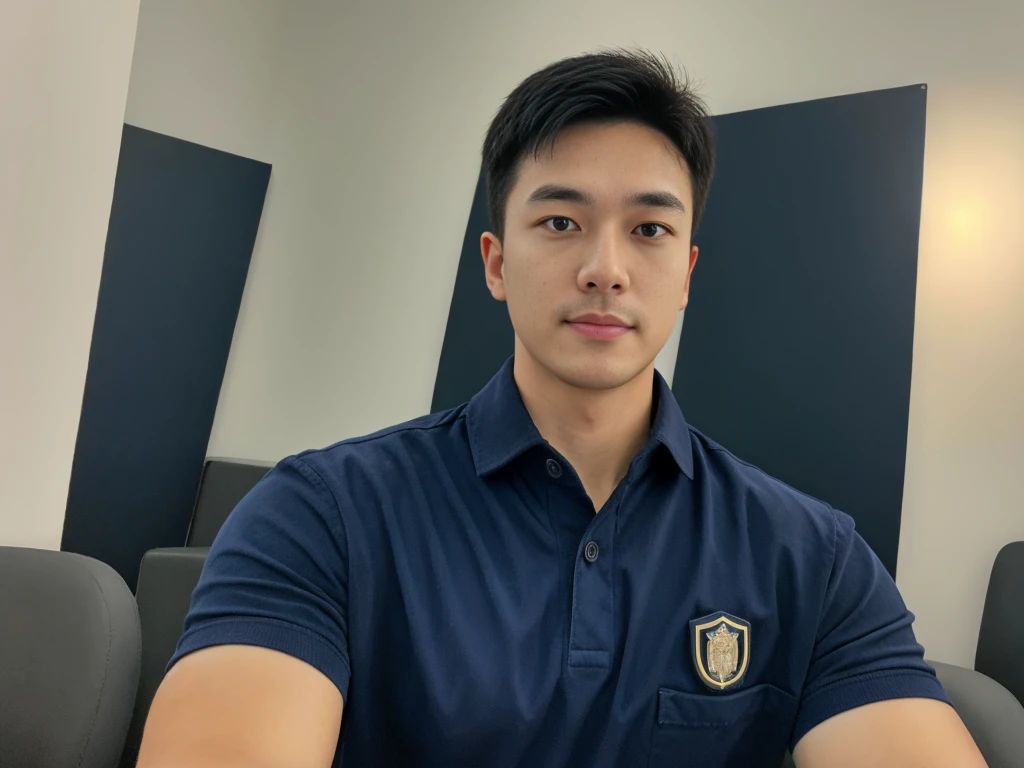A male police officer in his 20s poses for a group photo., Wear a navy blue polo shirt., high resolution, Masterpiece, best quality, head:1.3,, Smooth and fine skin, clear focus, (movie light), during the night, gentle light, Dynamic angle, (detailed face:1.2), (((exercise))), sport, His arm muscles were very big., hand in crotch, in his office