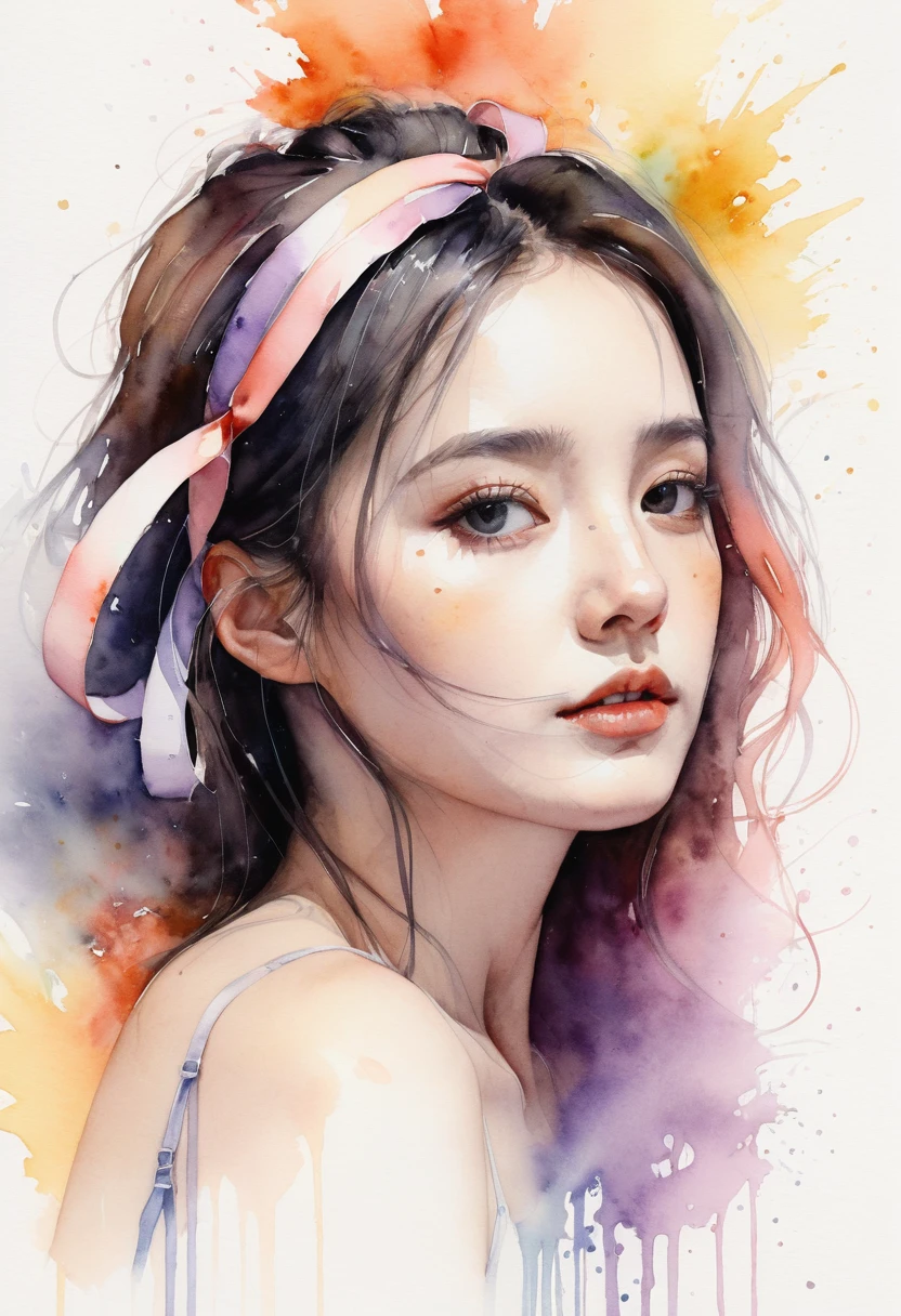 (8k, best quality, masterpiece:1.2),(best quality:1.0), (ultra highres:1.0), watercolor, a beautiful woman, shoulder, hair ribbons, by agnes cecile, half body portrait, extremely luminous bright design, pastel colors, (ink:1.3), autumn lights,