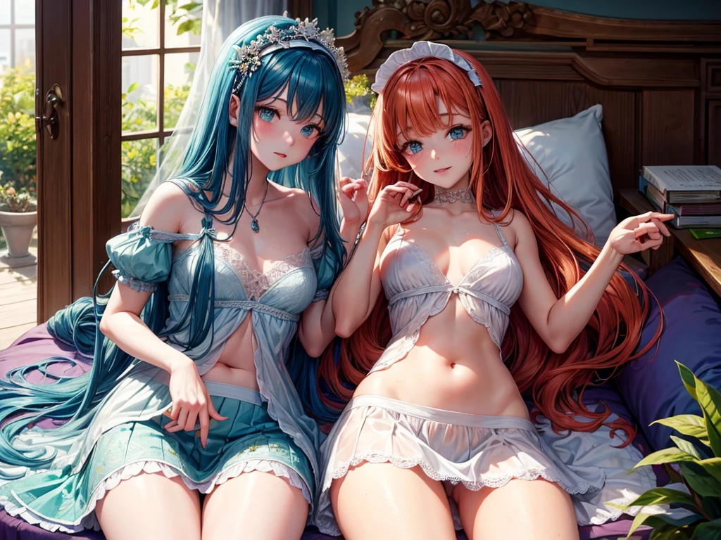 jeune fille en jolie culotte en dentelle, on voit les formes de son sexe se dessiner sou sa culotte, elle est rousse, elle a les cheveux long avec plusieurs tresses, avec les yeux vert et quelques tache de rousseur sur les paumettes, elle est très fine, sa poitrine est très fine, elle a de jolies hanches et les épaules nues, elle pose de manière sur d'elle, le dos bien cambré, elle est allongée sur un lit, dans une jolie chambre de fille bien éclairée.