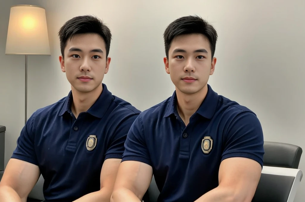 A male police officer in his 20s poses for a group photo., Wear a navy blue polo shirt., high resolution, Masterpiece, best quality, head:1.3,, Smooth and fine skin, clear focus, (movie light), during the night, gentle light, Dynamic angle, (detailed face:1.2), (((exercise))), sport, His arm muscles were very big., hand in crotch, in his office