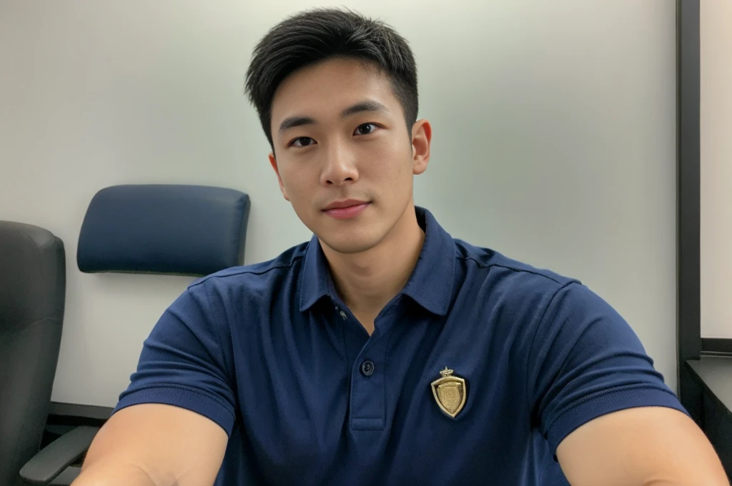 A male police officer in his 20s poses for a group photo., Wear a navy blue polo shirt., high resolution, Masterpiece, best quality, head:1.3,, Smooth and fine skin, clear focus, (movie light), during the night, gentle light, Dynamic angle, (detailed face:1.2), (((exercise))), sport, His arm muscles were very big., hand in crotch, in his office