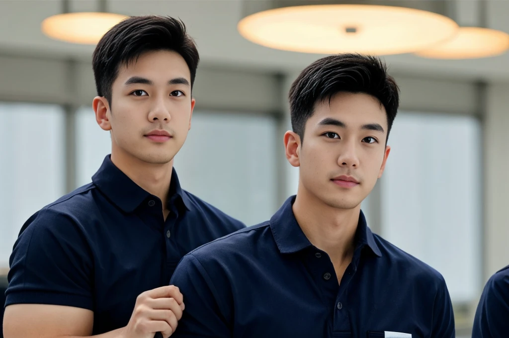 A male police officer in his 20s poses for a group photo., Wear a navy blue polo shirt., high resolution, Masterpiece, best quality, head:1.3,, Smooth and fine skin, clear focus, (movie light), during the night, gentle light, Dynamic angle, (detailed face:1.2), (((exercise))), sport, His arm muscles were very big., hand in crotch, in his office