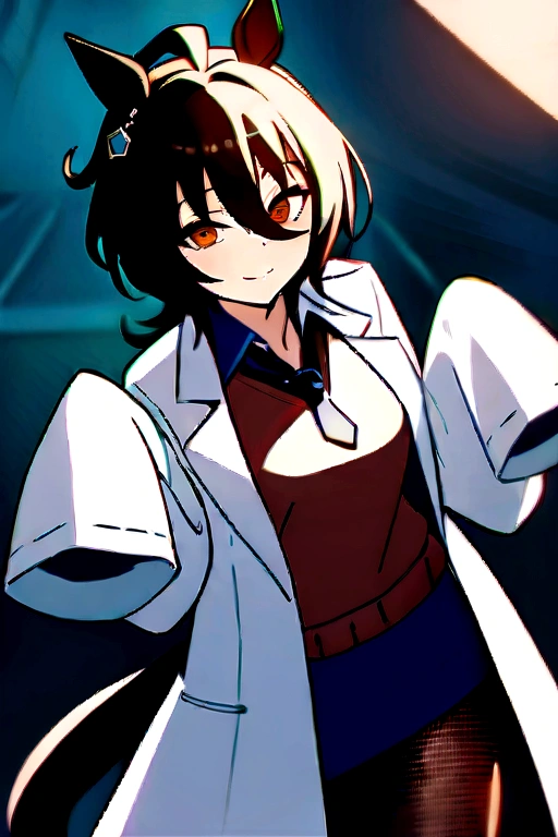(masterpiece, best quality:1.2), solo, 1girl, agnes tachyon, smile, looking at viewer, horse ears, labcoat, sleeves past wrists, sleeves past fingers, sweater, necktie, pantyhose, single earring, tail