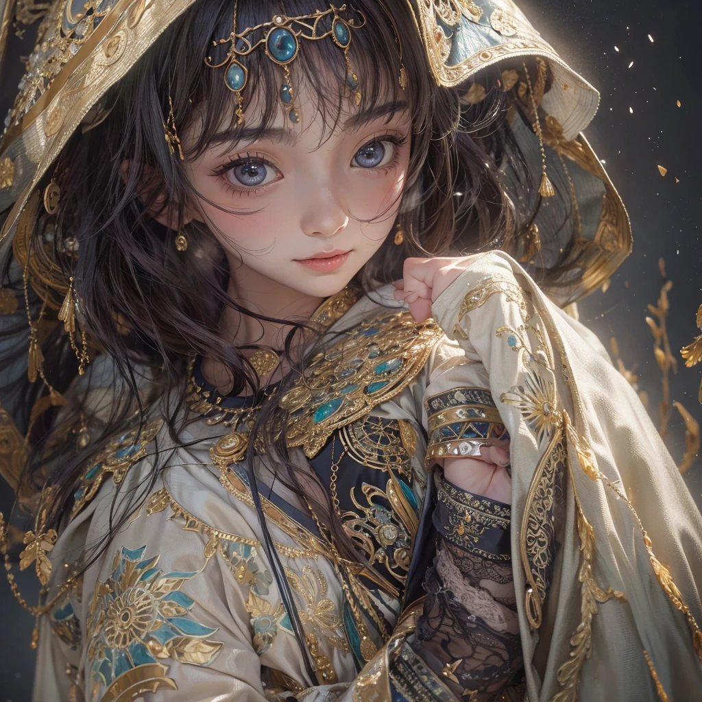 Ancient Islamic、Blowing hair 、 ((Highest quality、masterpiece、8K、Best image quality、Ultra-high resolution、Award-winning works)、(Accurate anatomy:1.1)、(Look at me and smile:1.0)、Shining fair skin with Ultra-high resolution、The most detailed face、Ultra-high resolution detailed face、Ultra-high resolutionの髪の毛、(Ultra-high resolution eye:1.1)、Beautiful face drawn in every detail、Ancient Islamic衣服, Chest to chest, Dark atmosphere,Dark Light, Ancient Islamicメイク,