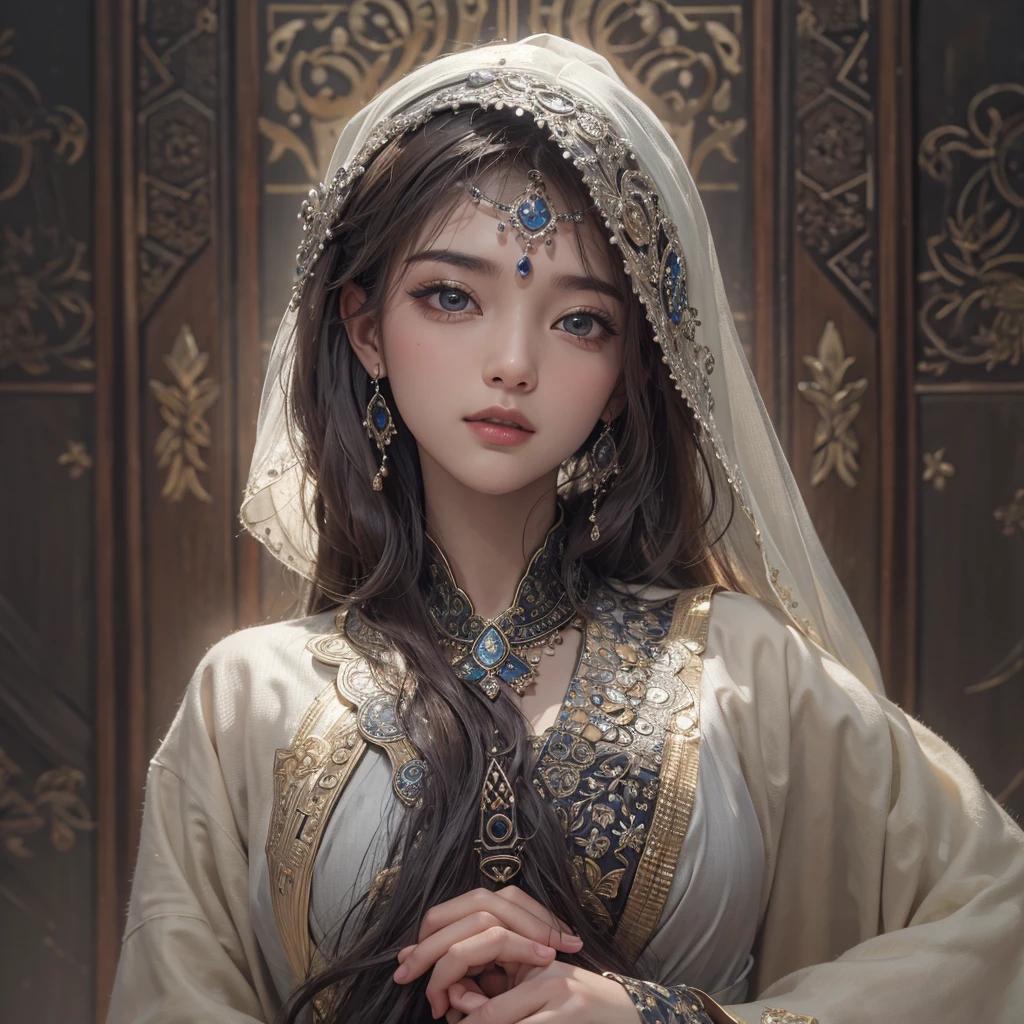 Ancient Islamic、Blowing hair 、 ((Highest quality、masterpiece、8K、Best image quality、Ultra-high resolution、Award-winning works)、(Accurate anatomy:1.1)、(Look at me and smile:1.0)、Shining fair skin with Ultra-high resolution、The most detailed face、Ultra-high resolution detailed face、Ultra-high resolutionの髪の毛、(Ultra-high resolution eye:1.1)、Beautiful face drawn in every detail、Ancient Islamic衣服, Chest to chest, Dark atmosphere,Dark Light, Ancient Islamicメイク,