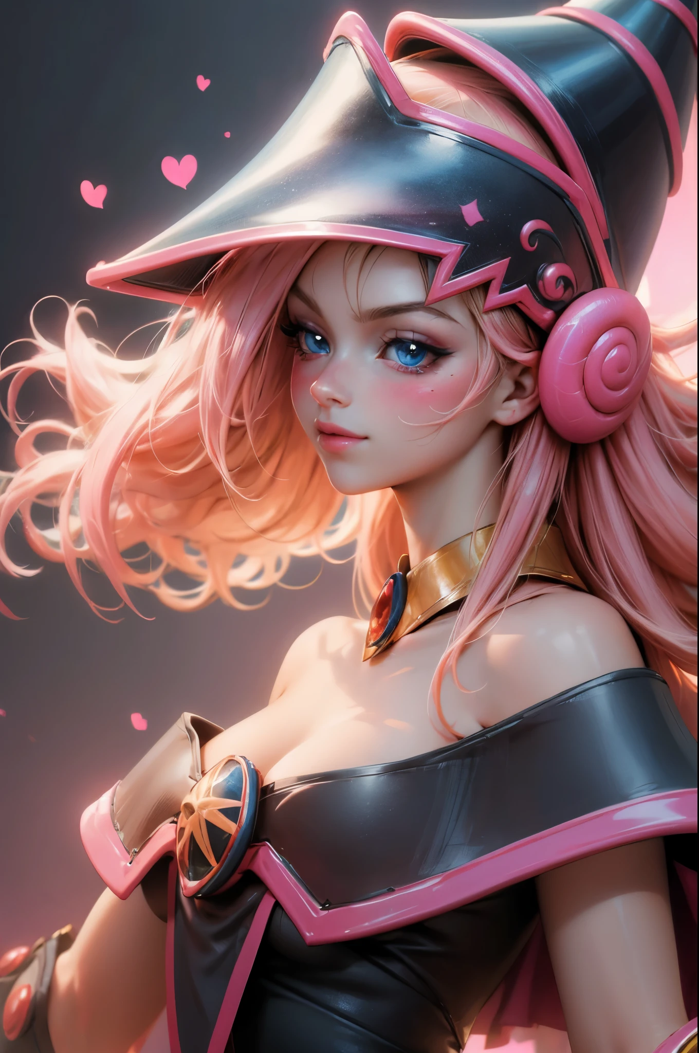 Beautiful face of dark magician gils, blue eyes. pink lips. Long blonde hair. exposed shoulders, angelic smile, beautiful well detailed face of dark magician gils. blowing a kiss. sexy kiss