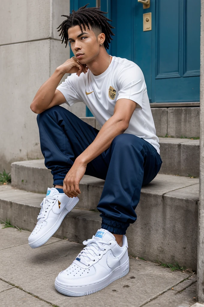 A boy with noodle hairs and ronaldo joursey and air force 1
