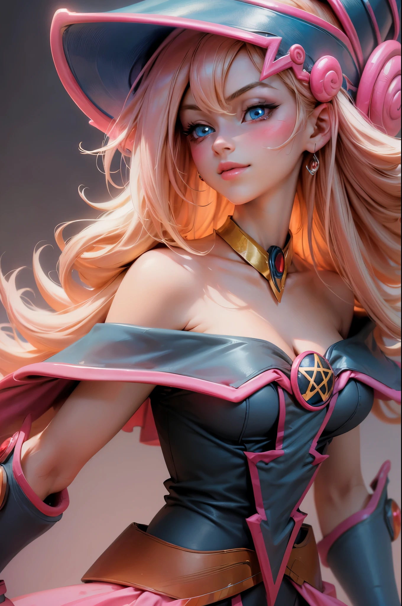 Beautiful face of dark magician gils, blue eyes. pink lips. Long blonde hair. exposed shoulders, angelic smile, beautiful well detailed face of dark magician gils. blowing a kiss. sexy kiss