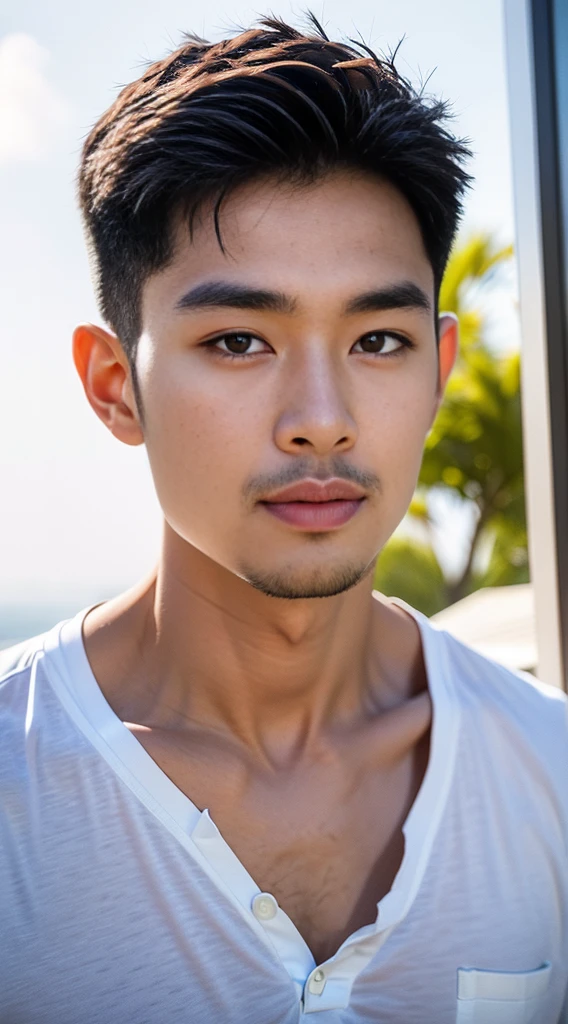 (realistically, Masterpiece, High resolution 8K, good light quality, Portrait, closed on face, complicated details), The most handsome Korean uncle., Beard,Age 40, Staring at desire, detailed face, Detailed eyes, look at the sky, shirt, suit lac suit,tick,黑Eyes, (Pale skin), body standards,brown hair, smooth hair,Big Back, Outdoor activities, evening, sunset,office room, Exaggerated, impersonal