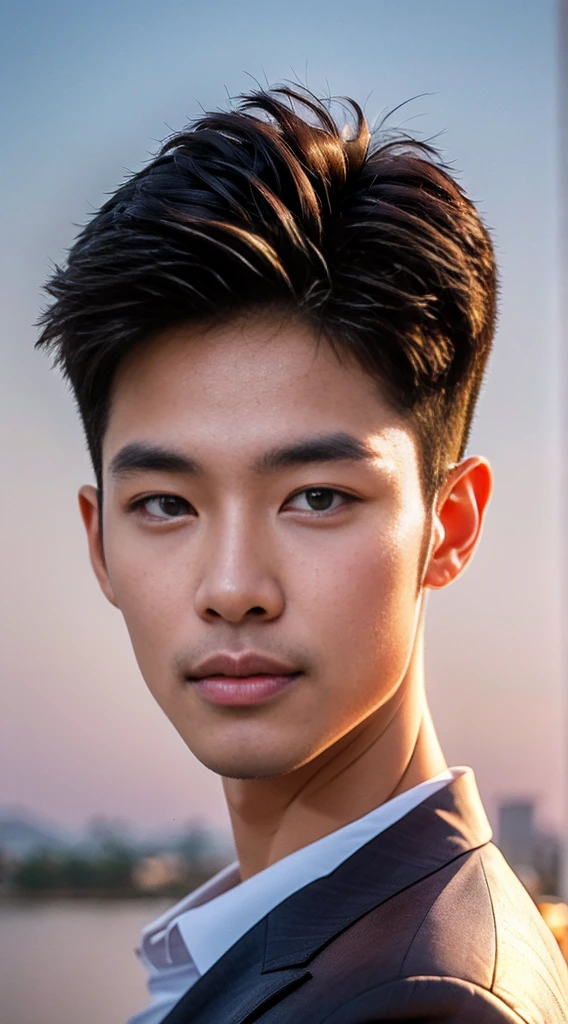 (realistically, Masterpiece, High resolution 8K, good light quality, Portrait, closed on face, complicated details), The most handsome Korean uncle., Beard,Age 40, Staring at desire, detailed face, Detailed eyes, look at the sky, shirt, suit lac suit,tick,黑Eyes, (Pale skin), body standards,brown hair, smooth hair,Big Back, Outdoor activities, evening, sunset,office room, Exaggerated, impersonal