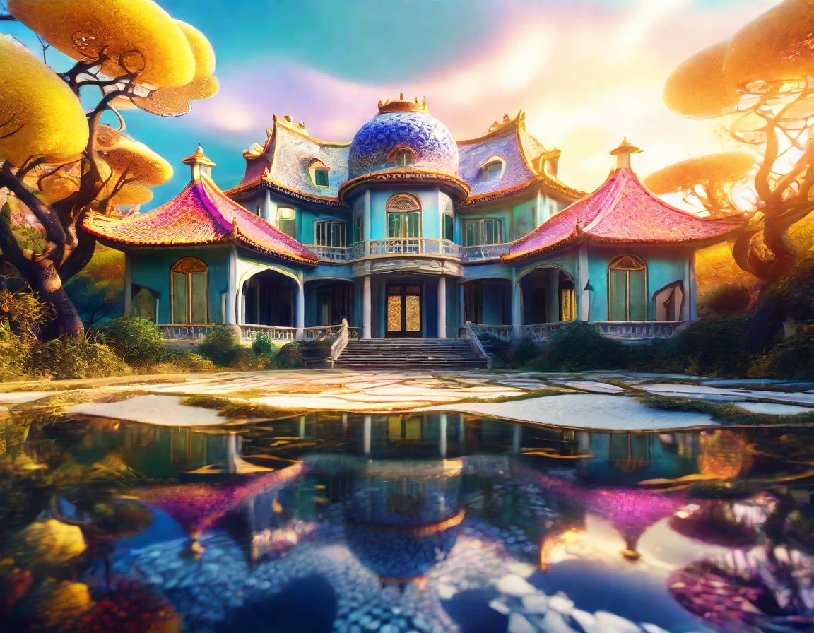 Abandoned and dilapidated mansion in a suburban neighborhood, elegantism, insane detail, lighty and shiny beautiful voronoi swirl light chaotic vivid bold surreal landscape,chinese porcelain tile way,golden hour,Reflective Organic 3D HD, [{one}({liquid plasma with {pearly white and cream yellow glossy topaz}plasma)[::2,expansive psychedelic background,realistic 4k ultra detailed,sharp focus,vibrant colors,high saturation,high contrast,very high resolution,Unreal Engine,HDR,8k
