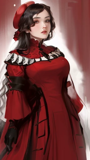 a drawing of a woman in a red dress with a red hat, lady in red armor, crimson attire, absurdist wiggly blob in a dress, crimson clothes, grayscale phtoto with red dress, crimson themed, inspired by Li Chevalier, blood red armor, in a red victorian era dress, detailed dress and face, ornate dark red opulent clothing