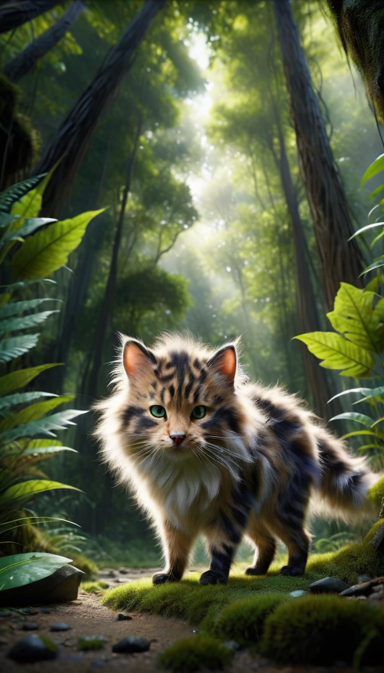 Whiskers stands alone, looking small and scared among the towering jungle trees. The light filters through the canopy, casting dappled shadows. Whiskers’ green eyes are wide with fear, and his fur is slightly ruffled.
