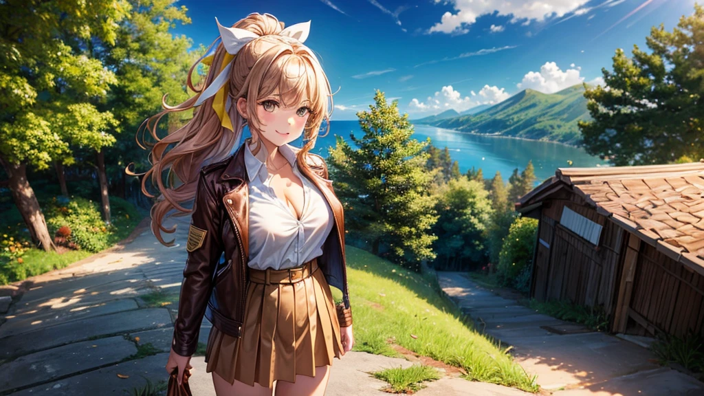 1girl, solo, ((upper view)), full body, summer, village, trees, sun, clouds, ((colorful hair)), curly hair, ponytail, large full breasts, ((brown leather jacket)), button down shirt, ((white shirt)), ((short sleeved shirt)), ((unbuttoned shirt)), unbuttoning buttons, cleavage 1:3, brown eyes, skirt, smile, looking at the viewer, standing, hair ribbon, golden necklate