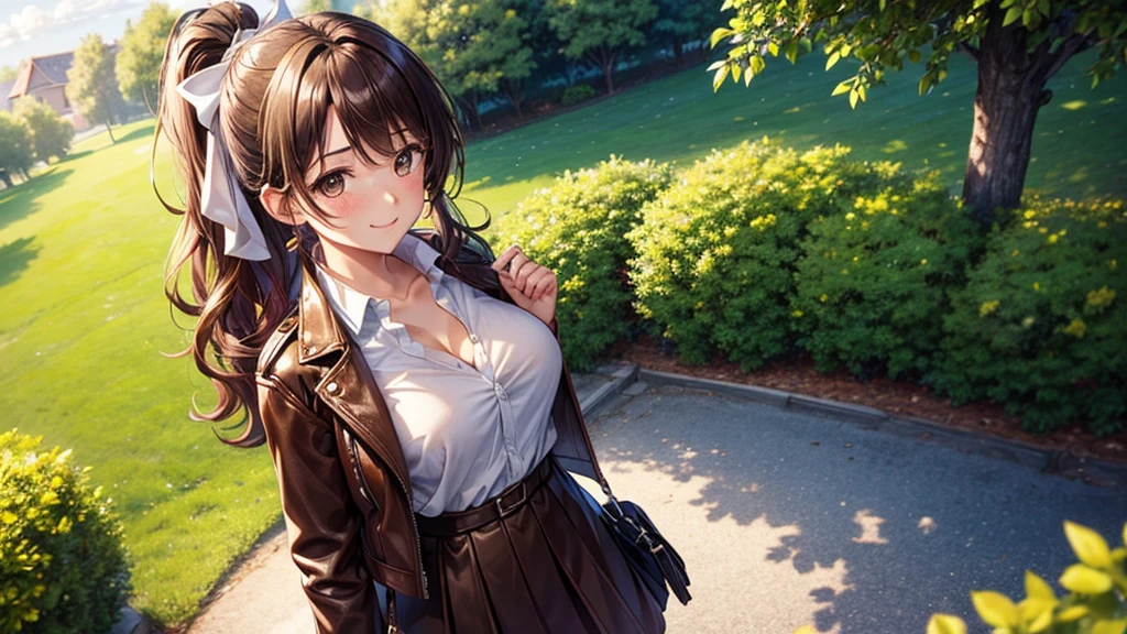 1girl, solo, ((upper view)), full body, summer, village, trees, sun, clouds, ((colorful hair)), curly hair, ponytail, large full breasts, ((brown leather jacket)), button down shirt, ((white shirt)), ((short sleeved shirt)), ((unbuttoned shirt)), unbuttoning buttons, cleavage 1:3, brown eyes, skirt, smile, looking at the viewer, standing, hair ribbon, golden necklate